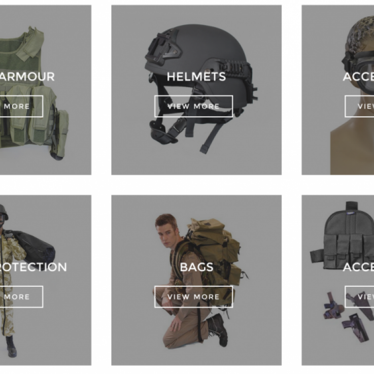 Fotografías de la página web de Imperial Armour anunciando armamento corporal, cascos, gafas, fundas y equipamiento similar
