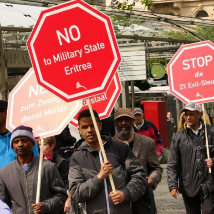 Activistas eritreos protestando en Alemania en el Día Internacional de la Objeción de Conciencia en 2019 - Copyright: Jürgen Tauras
