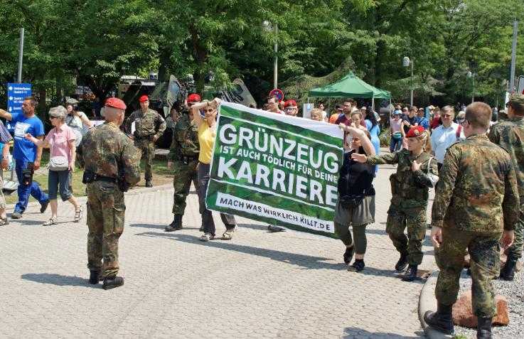 Activists protesting at a military site in Mannheim, Germany, on the Bundeswehr Day