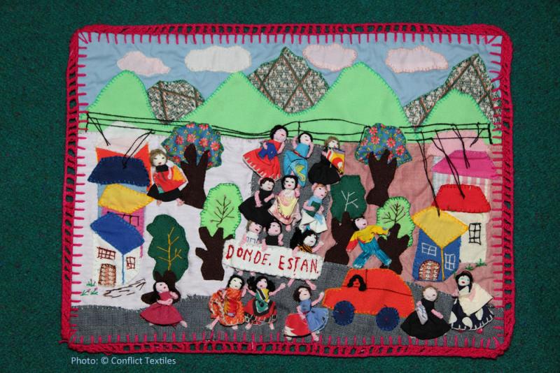 ¿Dónde están? / Where are they? Chilean arpillera, Anonymous, 1980s, Photo Martin Melaugh,  Conflict Textiles collection. Provenance Theresa Wolfwood, Victoria, Canada