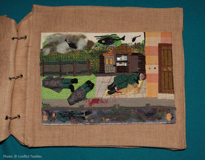 Soldiers back from the wars (2/4) – Attack, English arpillera, Linda Adams, 2010, Photo Martin Melaugh, Conflict Textiles collection