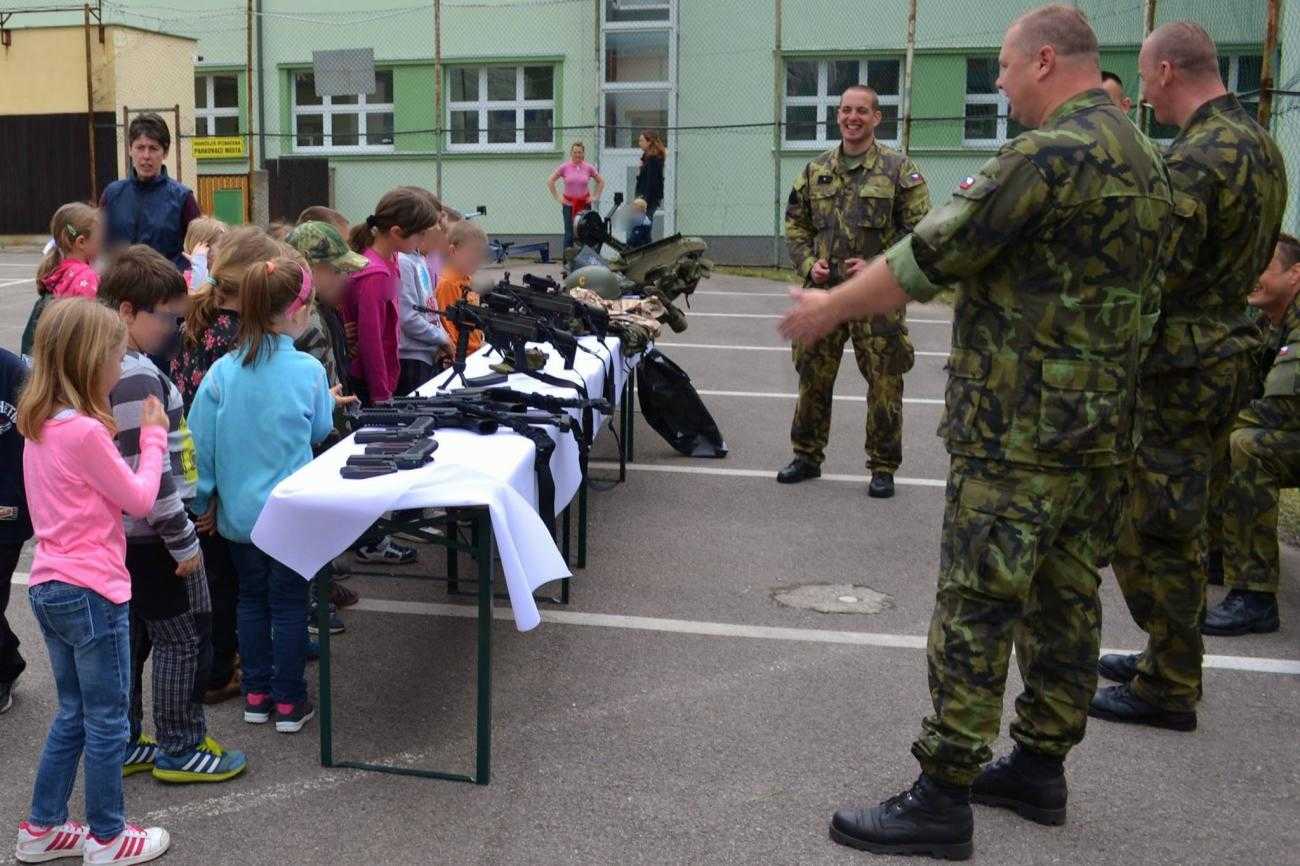 Military personnel visiting a school in Czech Republic