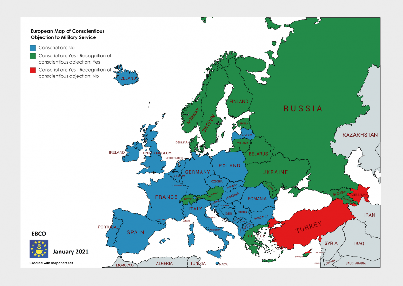Europe map of conscientious objection including information where conscientious objection is recognised