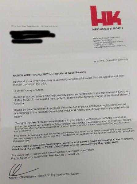 A prank letter sent to people selling Heckler and Koch guns in the USA
