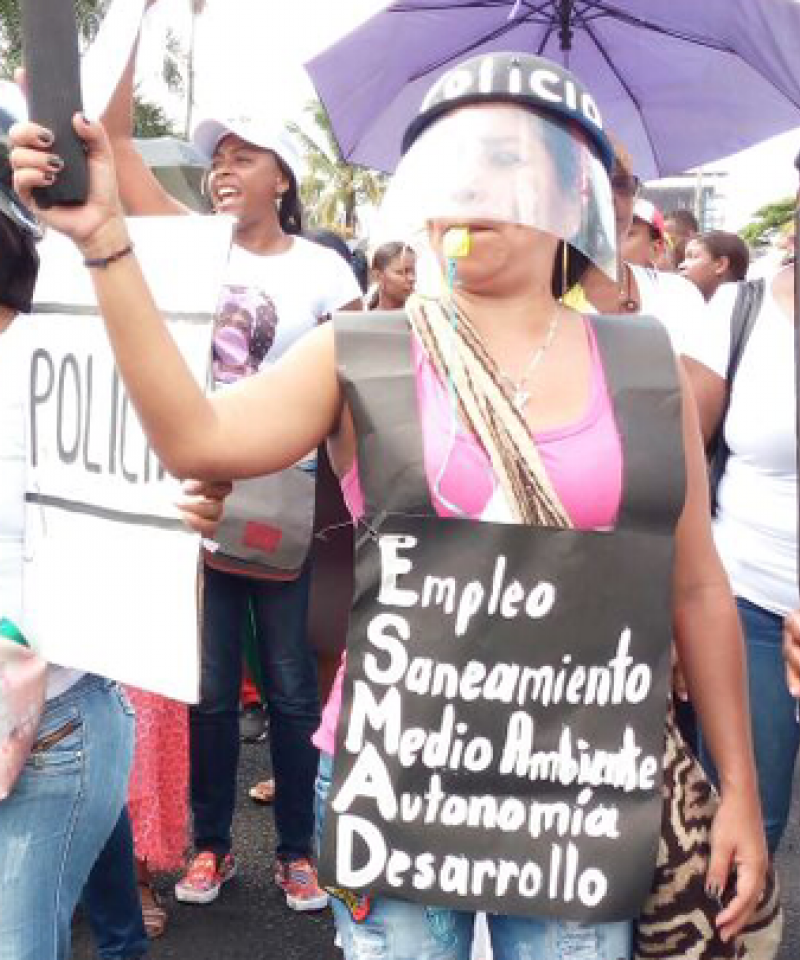 Protesters in Buenaventura, Colombia, dressed in mock police clothes.