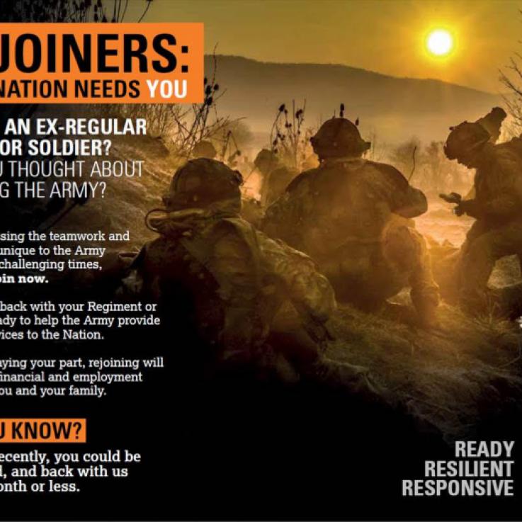 A "rejoiner" advert from the British military. Soldiers are silhoutted against the sun.