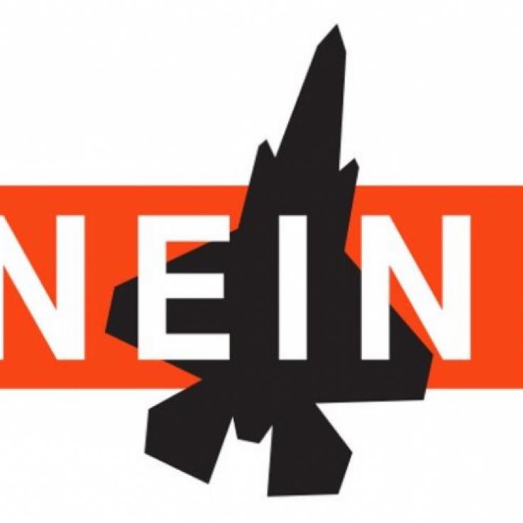 A black fighter jet drawing with the word "Nein!" ("No!") written across it