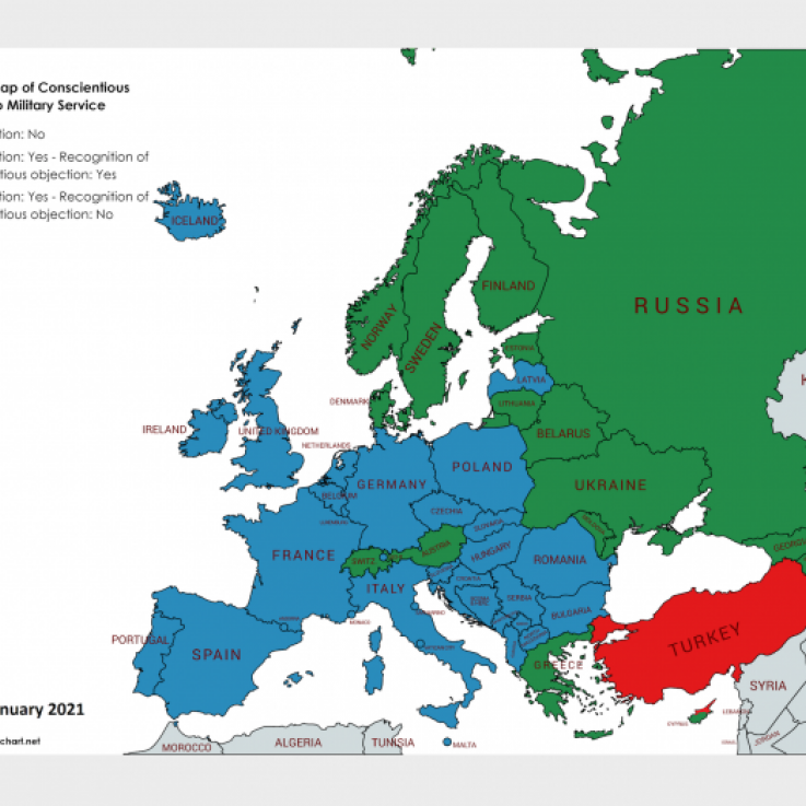 Europe map of conscientious objection including information where conscientious objection is recognised
