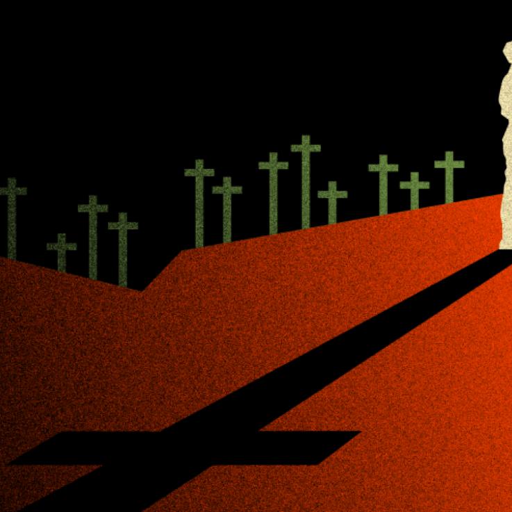 An illustration of a soldier standing in the middle of a graveyard