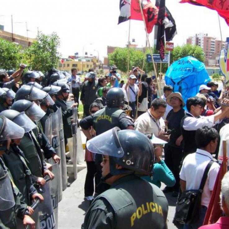 Police line up against protesters